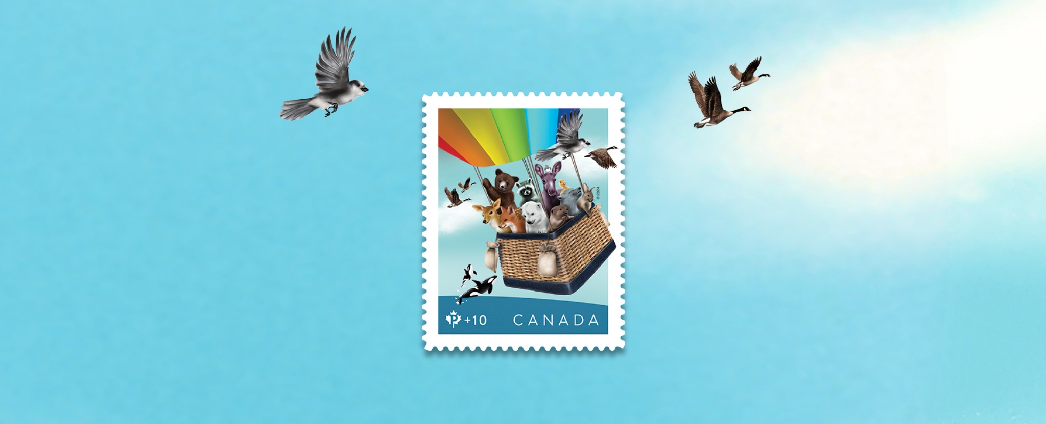 The 2024 Community Foundation stamp features an illustration of animals floating in a hot air balloon.