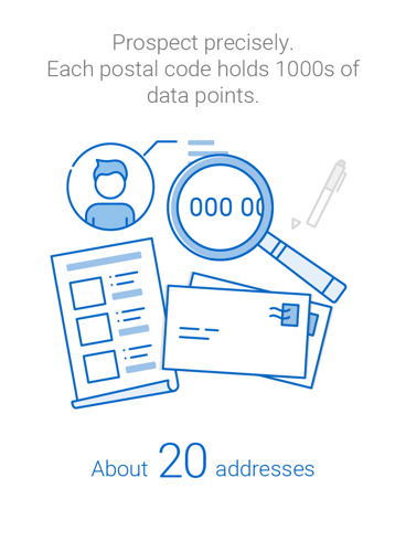 Prospect precisely. Each postal code contains an average of 20 addresses and hundreds of data points.