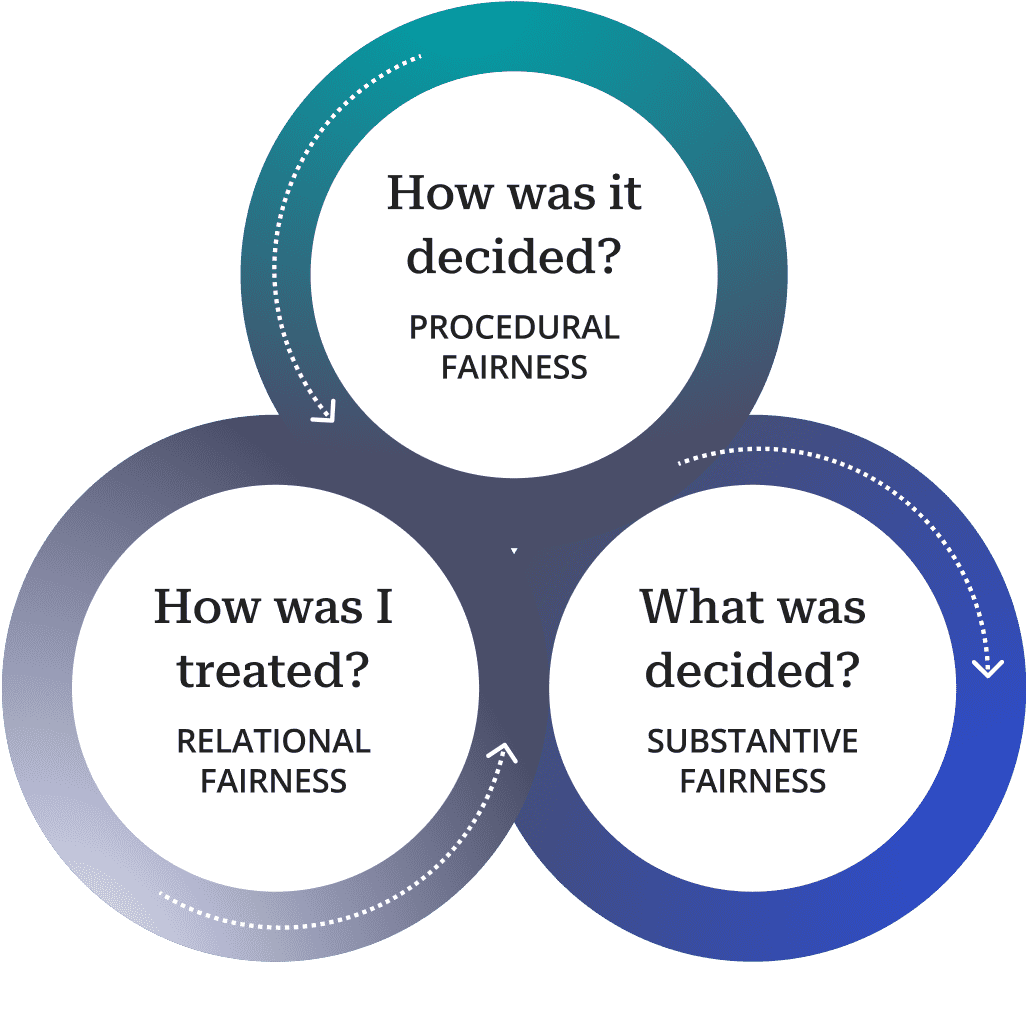 Infographic depicting the procedural, relational and substantive dimensions of fairness.
