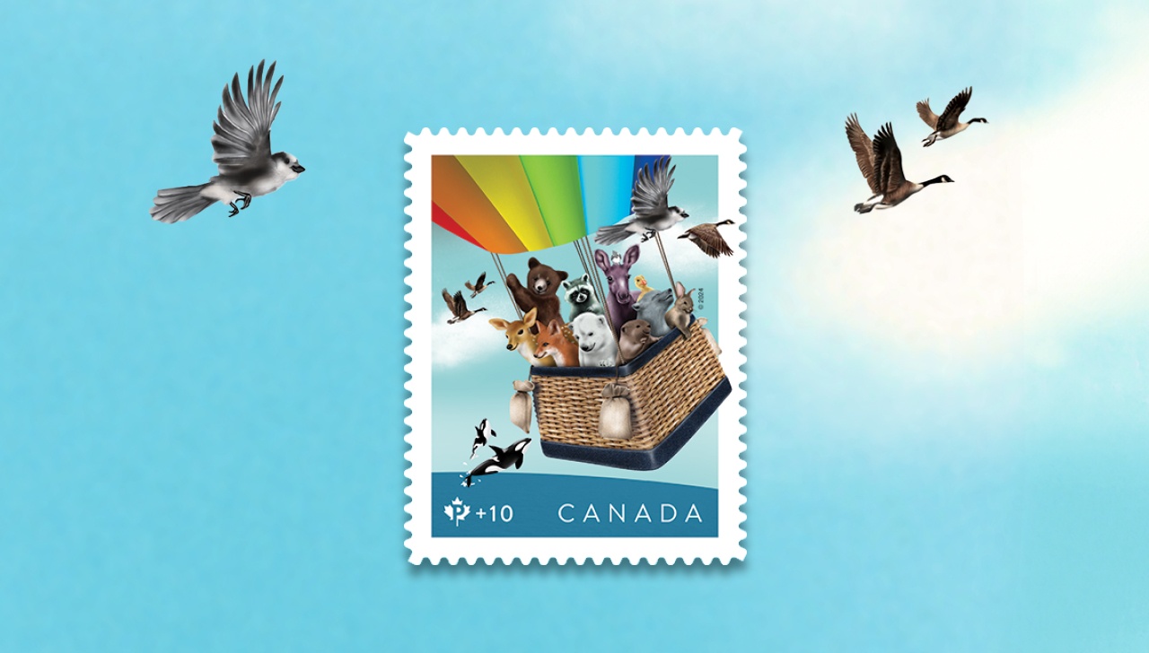 Le timbre de 2024 de notre Fondation communautaire illustre des animaux s’envolant à bord d’une montgolfière