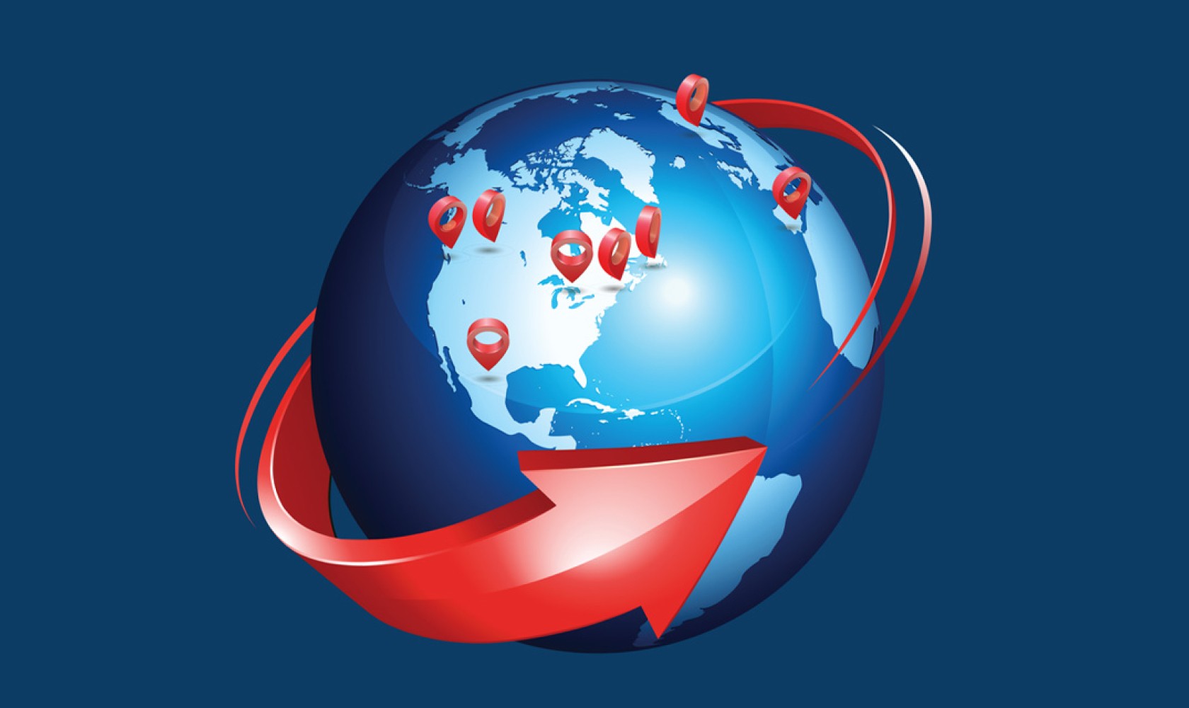 Une flèche rouge fait le tour du globe. Des punaises rouges indiquent des emplacements dans le monde, illustrant la portée de MoneyGram