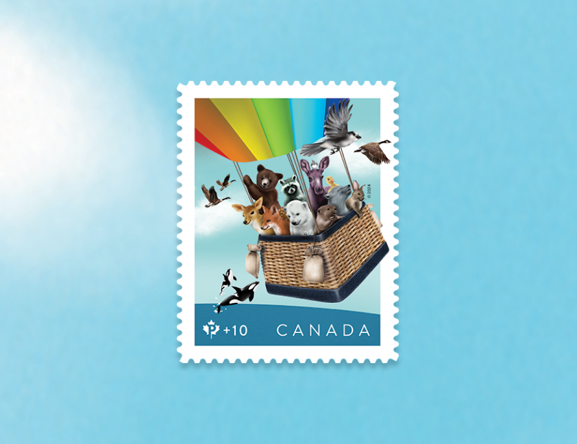 Le timbre de 2024 de notre Fondation communautaire illustre des animaux s’envolant à bord d’une montgolfière